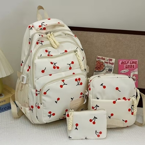 Juego de 3 piezas: mochila moderna y versátil con estampado de frutas, bolsa de gran capacidad estilo escolar, mochila casual y de moda para mujer