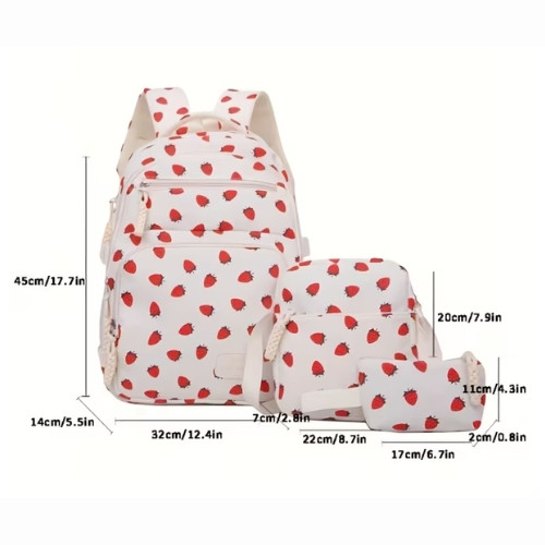 Juego de 3 piezas: mochila moderna y versátil con estampado de frutas, bolsa de gran capacidad estilo escolar, mochila casual y de moda para mujer