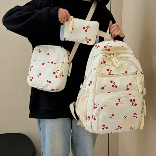 Juego de 3 piezas: mochila moderna y versátil con estampado de frutas, bolsa de gran capacidad estilo escolar, mochila casual y de moda para mujer
