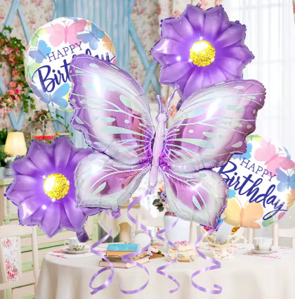 Juego de 5 uds de globos de aluminio de mariposa, conjunto de girasol púrpura, Baby Shower, boda, tema de mariposa romántica, decoraciones para fiesta de cumpleaños