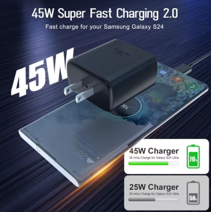 Kit Completo de Carga Rápida de 45W: Cargador de Pared USB C con Cable de 2 Metros para Samsung S24/ S23 Ultra Series y Tab S9/ S8