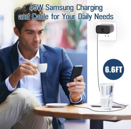 Kit Completo de Carga Rápida de 45W: Cargador de Pared USB C con Cable de 2 Metros para Samsung S24/ S23 Ultra Series y Tab S9/ S8