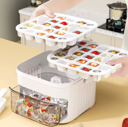 Máquina de hielo de 50 cubos con tapa de fácil prensa, máquina para hacer cubitos de hielo de doble capa, refrigerador, caja de hielo para almacenamiento de hielo para el hogar