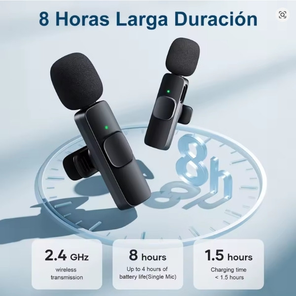 Micrófono de Solapa Inalámbrico con Cancelación de Ruido, Paquete de 2, Grabación de Video y Transmisión en Vivo, para iPhone, Android y Laptops