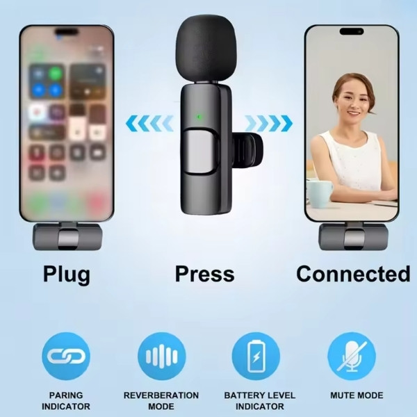 Micrófono de Solapa Inalámbrico con Cancelación de Ruido, Paquete de 2, Grabación de Video y Transmisión en Vivo, para iPhone, Android y Laptops