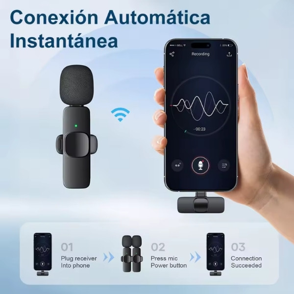 Micrófono de Solapa Inalámbrico con Cancelación de Ruido, Paquete de 2, Grabación de Video y Transmisión en Vivo, para iPhone, Android y Laptops