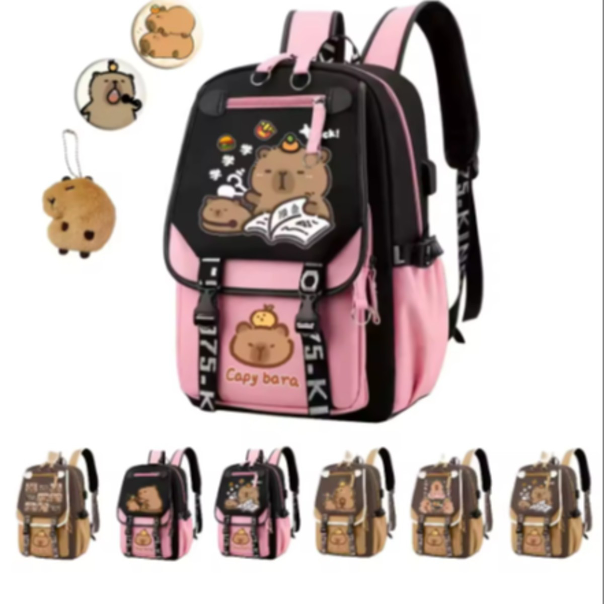 Mochila Capibara Kawaii Escolar 4 Compartimentos Multifuncional Marron Rosa Moda Gran Capacidad Ligera Con Estampado Para Niño Niña Adolecentes Practico