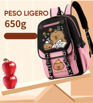 Mochila Capibara Kawaii Escolar 4 Compartimentos Multifuncional Marron Rosa Moda Gran Capacidad Ligera Con Estampado Para Niño Niña Adolecentes Practico