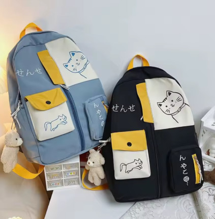 Mochila coreana con bonito gato de dibujos animados para mujer, mochila escolar para estudiantes de secundaria, mochila de viaje impermeable de nailon de gran capacidad