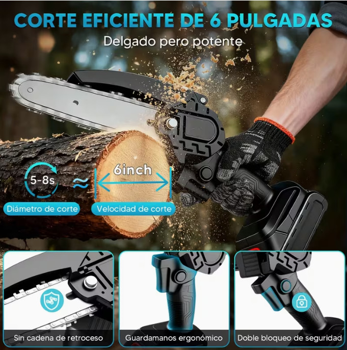 Motosierra eléctrica mini sin cable de 20V (Negro), 2 cadenas y guantes, motosierra eléctrica mini portátil de 6 pulgadas; Motosierra eléctrica