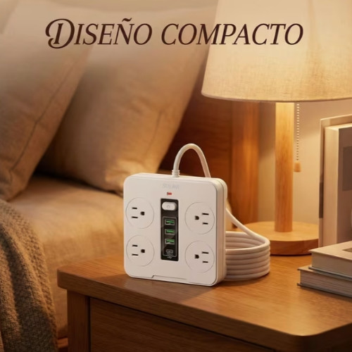 Multicontactos 8 en 1：Regleta Multicontactos Con 4 Tomas,3 puertos USB, 1Tipo-C, Cable de 2 metros