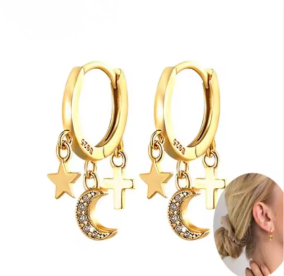 Pendientes de aro de estrella para mujer, estrella de cinco puntas, Luna, colgante de circón blanco, regalo de joyas de fiesta de moda Huggie