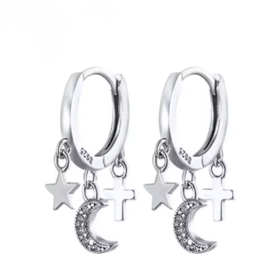 Pendientes de aro de estrella para mujer, estrella de cinco puntas, Luna, colgante de circón blanco, regalo de joyas de fiesta de moda Huggie