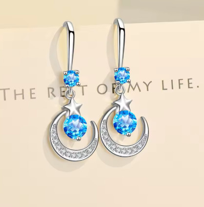 Pendientes de luna y estrella a la moda para mujer, pendientes colgantes artificiales de Plata de Ley 925 con zafiro blanco, rosa, azul y blanco