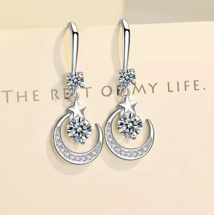 Pendientes de luna y estrella a la moda para mujer, pendientes colgantes artificiales de Plata de Ley 925 con zafiro blanco, rosa, azul y blanco