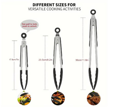Pinzas de Cocina de Acero Inoxidable Resistentes, Disponibles en 3 Tamaños, con Puntas de Silicona, Resistentes al Calor, Diseño de Bloqueo, Agarre Seguro
