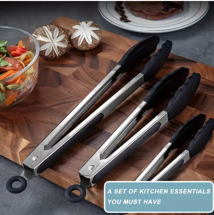Pinzas de Cocina de Acero Inoxidable Resistentes, Disponibles en 3 Tamaños, con Puntas de Silicona, Resistentes al Calor, Diseño de Bloqueo, Agarre Seguro