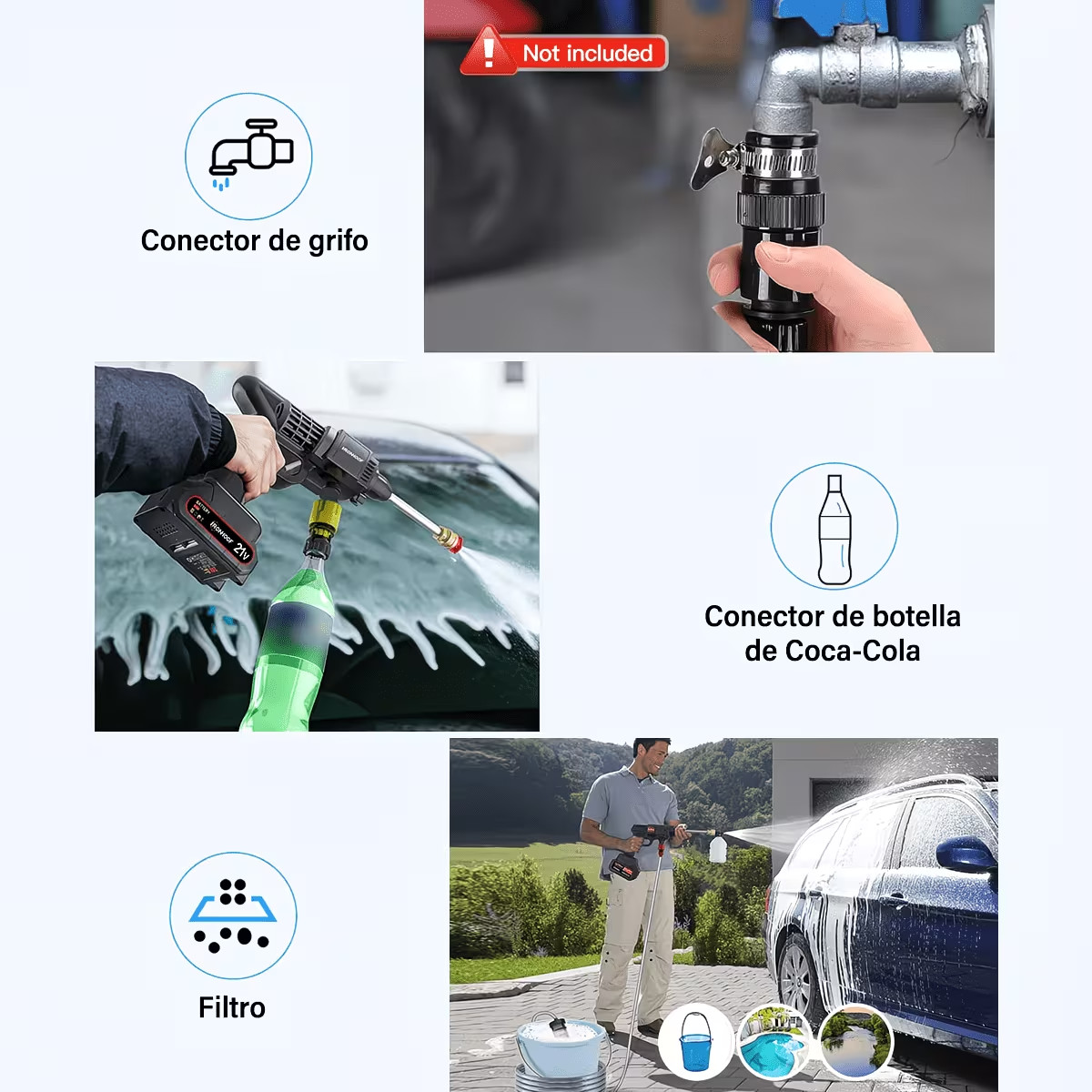Pistola para hidrolavadora eléctrica portátil inalámbrica, incluye 2 baterías, manguera de 5M con caja
