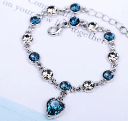 Pulsera de la suerte de Color plateado para mujer, Pulseras con dije de corazón de cristal azul para mujer, joyería fina de compromiso para boda y novia, regalo