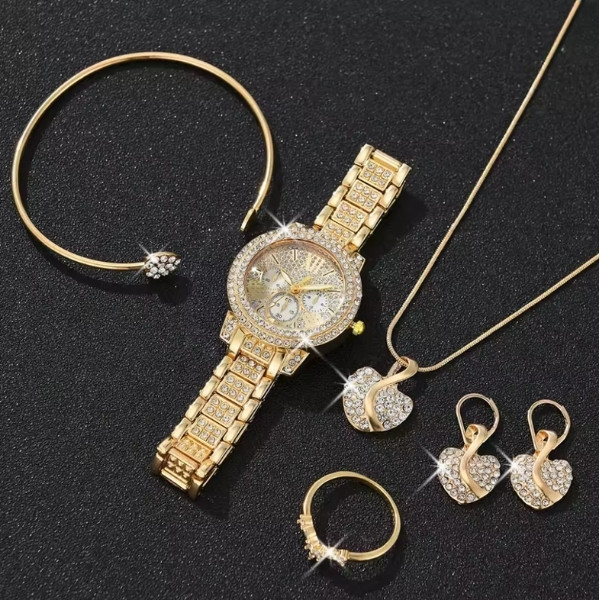 Reloj de mujer 6 unids/set, collar de corazón a la moda para mujer, pendientes, pulsera, anillos, conjunto de joyería con forma de reloj de cuarzo con diamantes de imitación