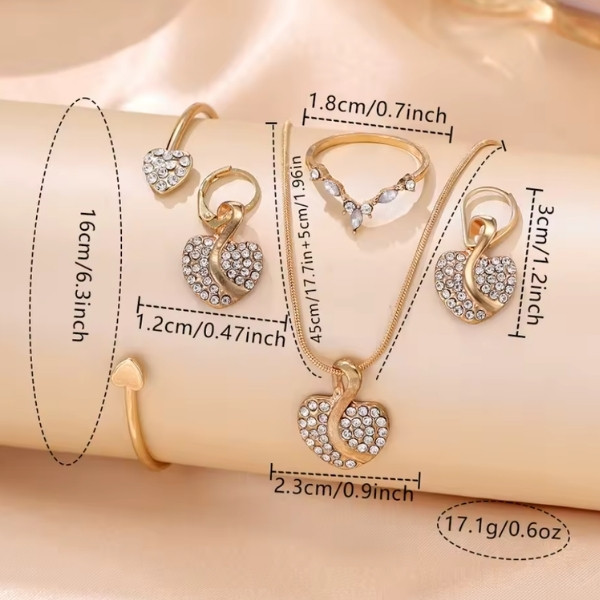 Reloj de mujer 6 unids/set, collar de corazón a la moda para mujer, pendientes, pulsera, anillos, conjunto de joyería con forma de reloj de cuarzo con diamantes de imitación