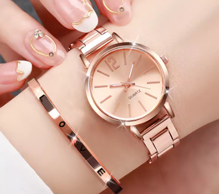 Reloj de pulsera de cuarzo con banda de acero dorado para mujer, conjunto de pulsera con aberturas, 2 uds.