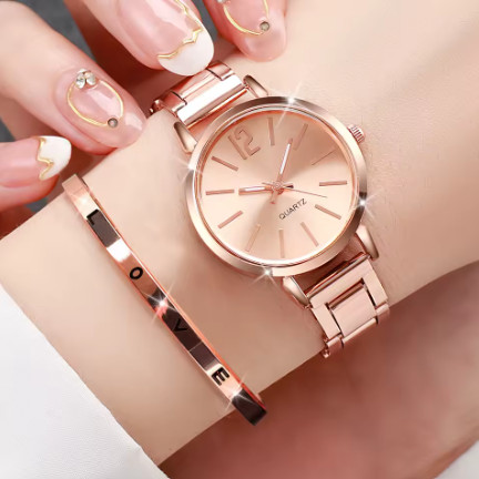 Reloj de pulsera de cuarzo con banda de acero dorado para mujer, conjunto de pulsera con aberturas, 2 uds.