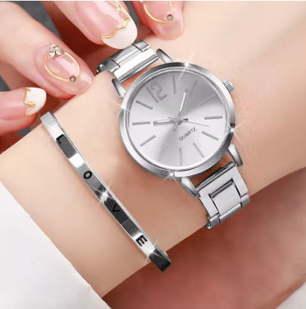Reloj de pulsera de cuarzo con banda de acero dorado para mujer, conjunto de pulsera con aberturas, 2 uds.