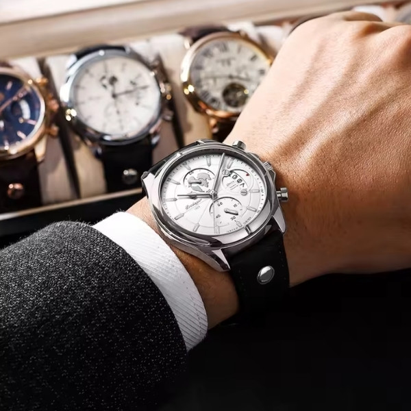 Reloj de pulsera de lujo para hombre, cronógrafo, fecha, resistente al agua, de cuero, reloj casual de cuarzo para hombre,