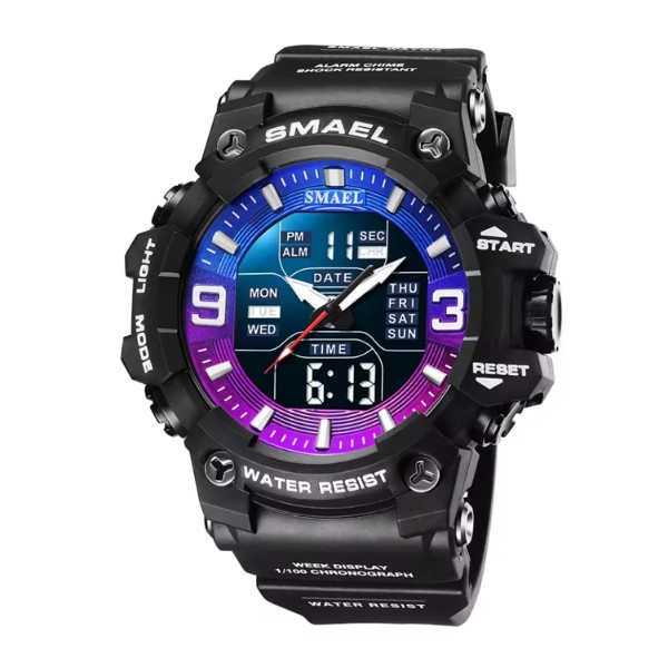 Reloj deportivo SMAEL 8049 con luz LED, alarma, doble pantalla horaria, resistente al agua, con indicador de semana y fecha automática, movimiento de cuarzo.