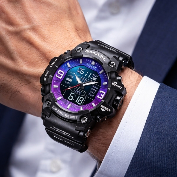 Reloj deportivo SMAEL 8049 con luz LED, alarma, doble pantalla horaria, resistente al agua, con indicador de semana y fecha automática, movimiento de cuarzo.