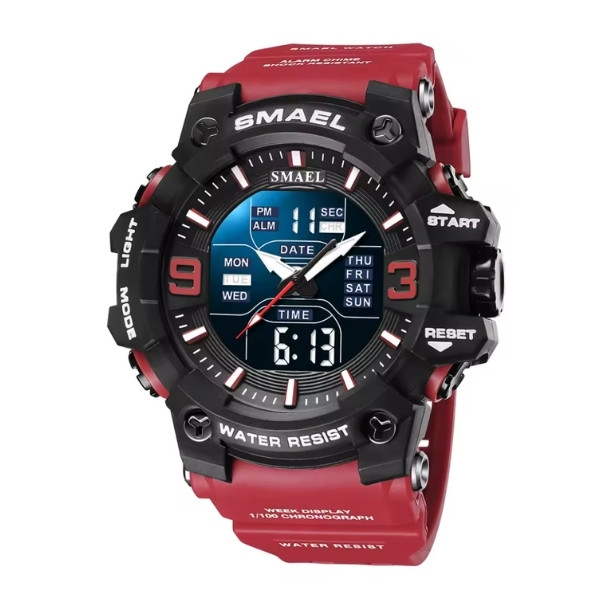 Reloj deportivo SMAEL 8049 con luz LED, alarma, doble pantalla horaria, resistente al agua, con indicador de semana y fecha automática, movimiento de cuarzo.