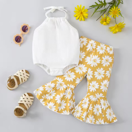 Ropa de moda para niña pequeña, pelele Floral con cintura elástica, pantalones acampanados, mono sin mangas, 2 uds.