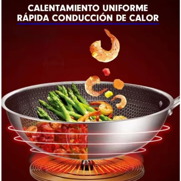 Sarten Wok Antiadherente de Acero Inoxidable Inducción 32cm