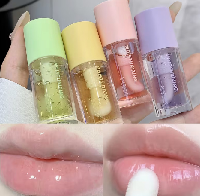 Set de 4 piezas, Aceites labiales tintados con sabores frutales, Brillo labial en gel hidratante y nutritivo, Labios en gel para suavizar las líneas de los labios, Sérum labial rel