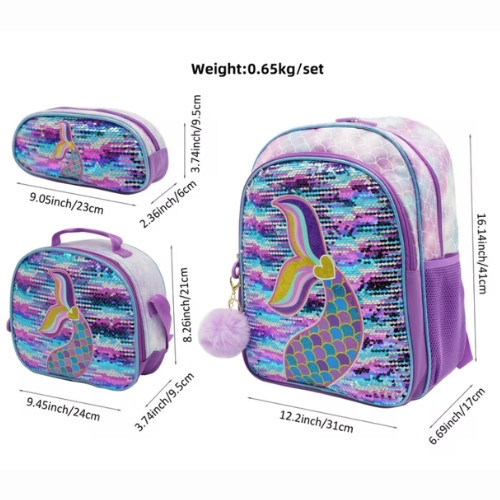 SET de mochila escolar de 16 pulgadas con diseño de lentejuelas, que incluye una lonchera y un estuche para lápices