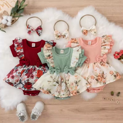 Vestido de verano para niña con lazo, mono a rayas, vestido de algodón para recién nacido, ropa Floral, ropa para gatear