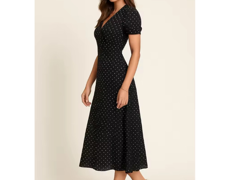 Vestido midi negro cruzado con lunares blancos elegantes