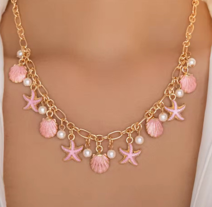 Gargantilla con colgante de vieiras de estrella de mar bohemia para mujer, elegante cadena con borlas, joyería de perlas de playa estética de girasol