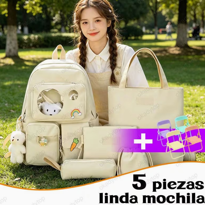 Juego de 5 piezas de lindas mochilas estéticas, adecuadas para estudiantes de secundaria, mochilas de viaje, mochilas kawaii, mochilas universitarias de secundaria con accesorios,