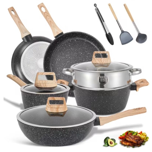 Juego de sartén y olla antiadherentes de 12 piezas, batería de cocina utensilios de granito