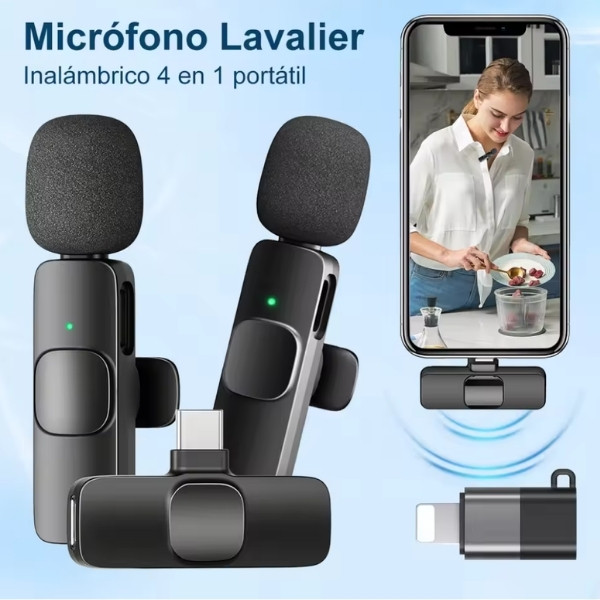 Micrófono de Solapa Inalámbrico con Cancelación de Ruido, Paquete de 2, Grabación de Video y Transmisión en Vivo, para iPhone, Android y Laptops