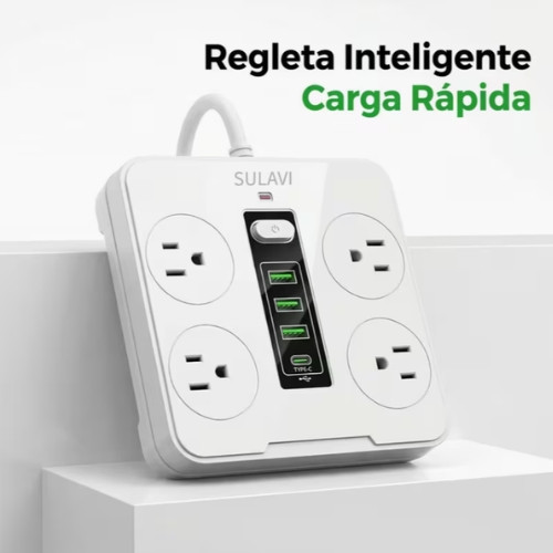 Multicontactos 8 en 1：Regleta Multicontactos Con 4 Tomas,3 puertos USB, 1Tipo-C, Cable de 2 metros