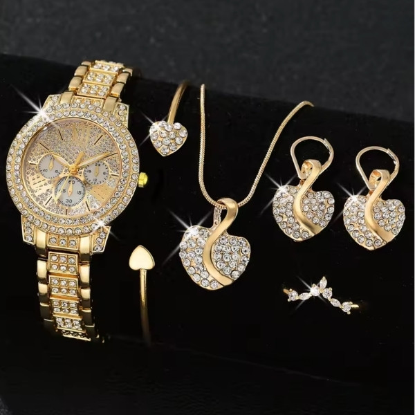 Reloj de mujer 6 unids/set, collar de corazón a la moda para mujer, pendientes, pulsera, anillos, conjunto de joyería con forma de reloj de cuarzo con diamantes de imitación