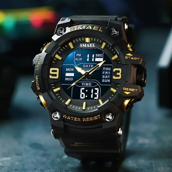 Reloj deportivo SMAEL 8049 con luz LED, alarma, doble pantalla horaria, resistente al agua, con indicador de semana y fecha automática, movimiento de cuarzo.