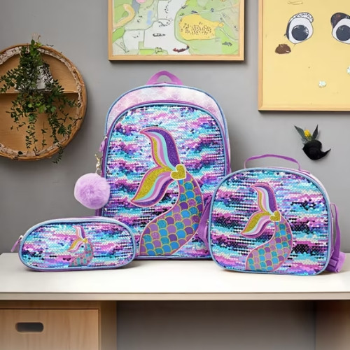 SET de mochila escolar de 16 pulgadas con diseño de lentejuelas, que incluye una lonchera y un estuche para lápices