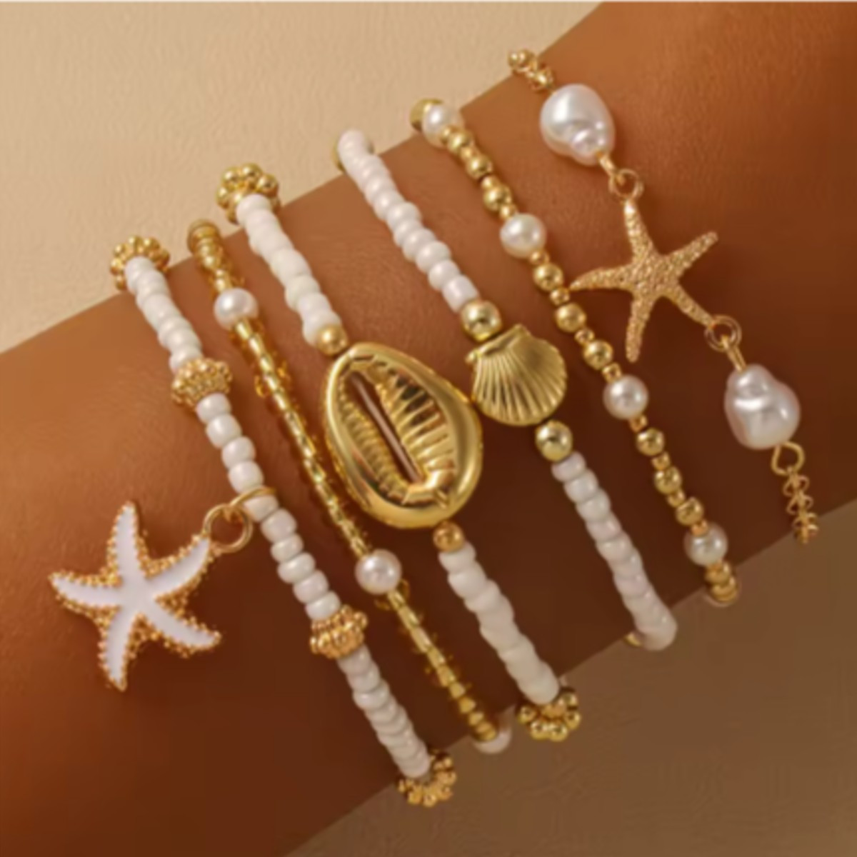 Conjunto de pulsera de cuentas de estrella de mar de concha bohemia para mujer, pulseras de perlas apiladas multicapa para playa y verano, regalos de joyería para fiesta