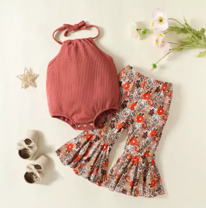 Ropa de moda para niña pequeña, pelele Floral con cintura elástica, pantalones acampanados, mono sin mangas, 2 uds.