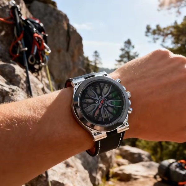 Reloj de pulsera deportivo con diseño de llanta de coche para hombre - Cronógrafo con correa de cuero para entusiastas de los coches y uso diario