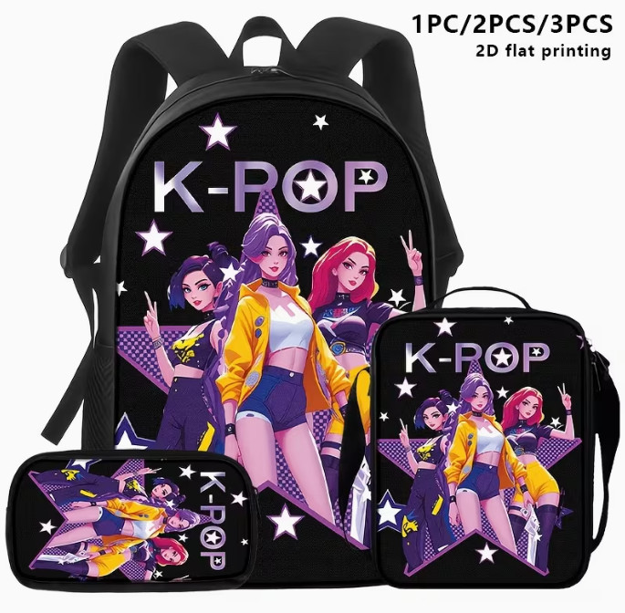 1pc/2pcs/3pcs Mochila Negra, Lonchera y Estuche con Diseño de Grupo de Idolos K-POP en Fondo con Temática de Estrellas; Ideal para Estudiantes y Profesionales para el Desplazamient